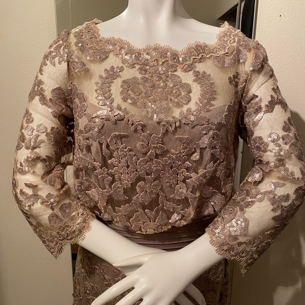 Tadashi Shoji Embroidered Lace Sequin 3/4 Sleeve Shimmer Dress